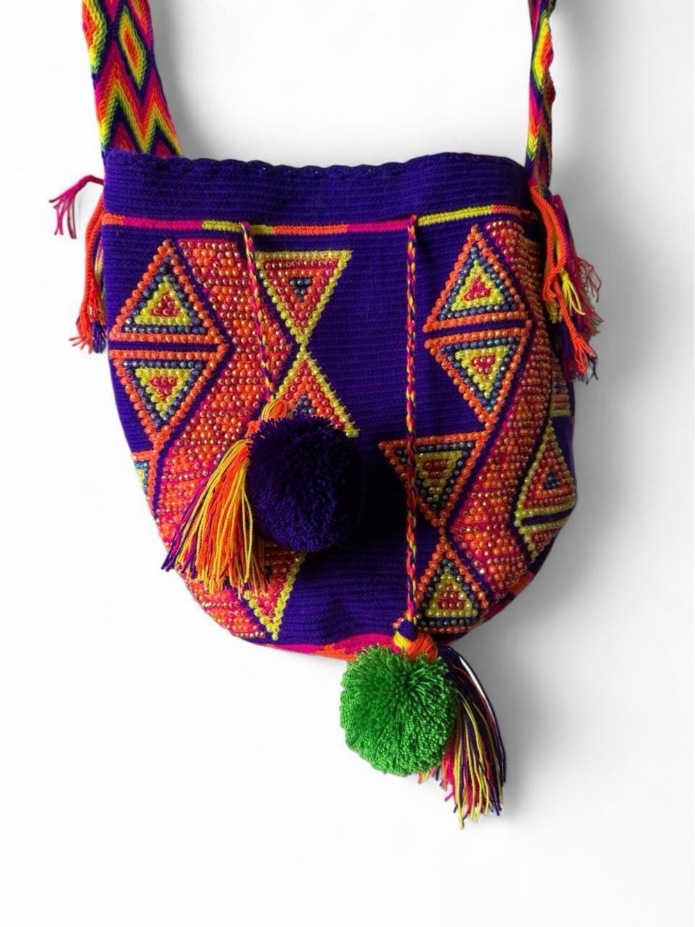 Handwoven Purple & Multicolor Pom-Pom Shoulder Bag
